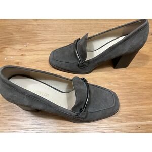 Enzo Angiolini Mardie Grey Suede Block Heel Bit Loafers Square Toe Mens 7M 37.5